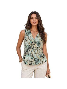 Kasper Coastal Chic Paisley Sleeveless Faux Wrap V-Neck Top Mint Green Womens 8P